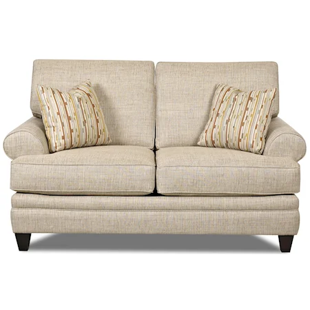 Transitional Loveseat with Low Profile Rolled Arms